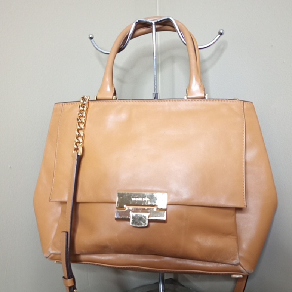 Michael Kors Carmel Tan leather Satchel Shoulder Crossbody Bag Multi-Pocket